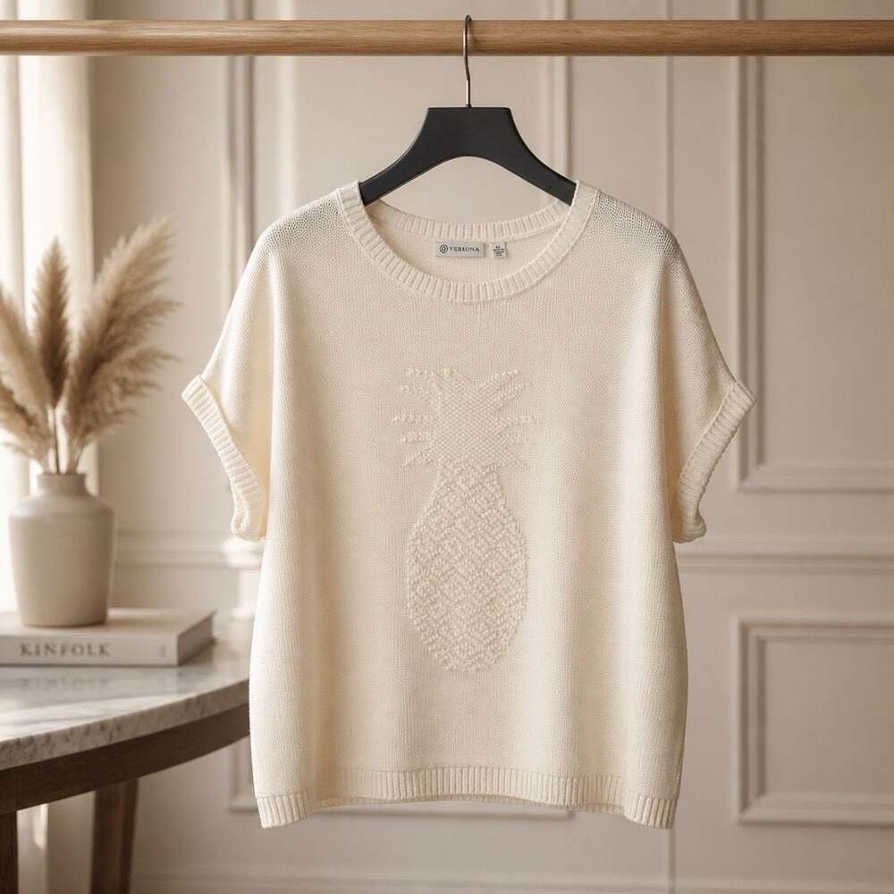 Versona Cream Short Sleeve Pineapple Embossed Knit Sweater #1288